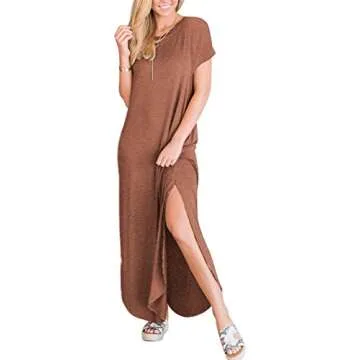 ANRABESS Women's Summer Casual Loose Short Sleeve Long T Shirt Dress Split Maxi Beach Sundress Travel Vacation Outfits Brown Medium
