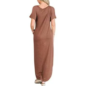 ANRABESS Women's Summer Casual Loose Short Sleeve Long T Shirt Dress Split Maxi Beach Sundress Travel Vacation Outfits Brown Medium