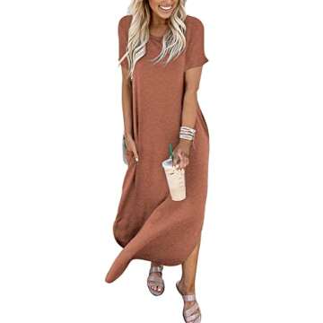 ANRABESS Women's Summer Casual Loose Short Sleeve Long T Shirt Dress Split Maxi Beach Sundress Travel Vacation Outfits Brown Medium