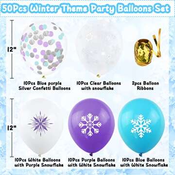 50Pcs Snowflake Balloon with Purple Blue White Latex Balloons, Frozen Snowflake Birthday Party Suppl...