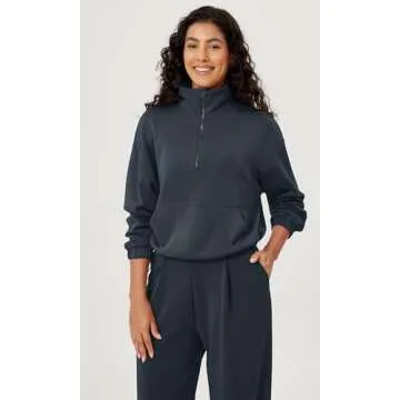 ODODOS Women's Modal Soft Cinchable Sweatshirts Half Zipper Funnel Neck Oversize Pullover with Pockets, Navy, Large