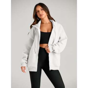 EFAN Women Zip Up Hoodies Oversized Sweatshirt Jacket 2024 Fall Fleece Cute Pullover Hooded Tops Teen Girls Casual Loose Fit Y2k Trendy Fashion Gym Clothes Outfits White XS