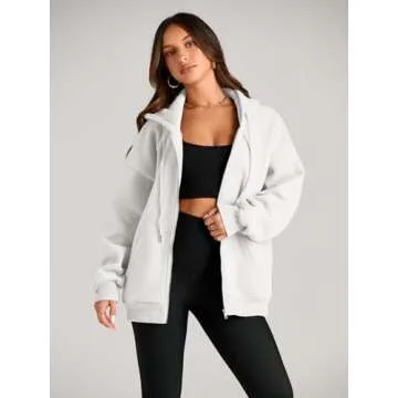 EFAN Women Zip Up Hoodies Oversized Sweatshirt Jacket 2024 Fall Fleece Cute Pullover Hooded Tops Teen Girls Casual Loose Fit Y2k Trendy Fashion Gym Clothes Outfits White XS