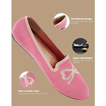 Slocyclub Women's Ballet Flats Women's Bow Print Ballet Flats Comfortable Slip On Black Mesh Dress Shoes Work Round Toe Knit Flats Shoes（Pink, 7.5）