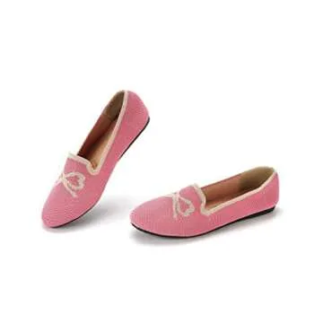 Slocyclub Women's Ballet Flats Women's Bow Print Ballet Flats Comfortable Slip On Black Mesh Dress Shoes Work Round Toe Knit Flats Shoes（Pink, 7.5）