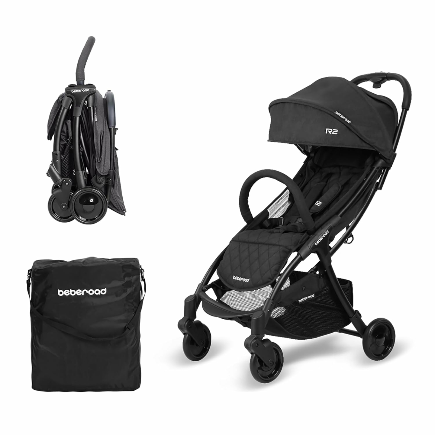 Beberoad Love R2 Small Travel Stroller Compact Stroller Foldable Lightweight Baby Stroller for Airplane, Infant Toddler Stroller with Adjustable Backrest, Cup Holder and Waterproof Canopy, Black