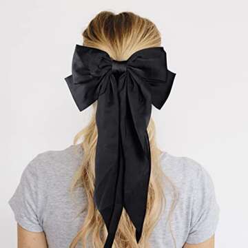 Black and Burgundy Long Tail Bow Hair Ties, Classy Women Girls Hair Styling Accessories, Gift Hair Bows Spring Clip for Mom Women Girl Stuff, 90s Vintage Big Satin French Style Headdress Decor