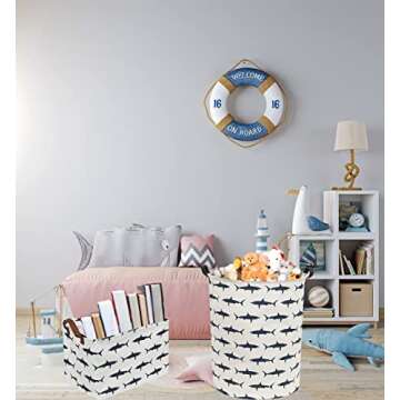 Sanjiaofen Kids Laundry Hamper,Canvas Shark Hamper Collapsible Boys Storage Baskets for Shark Room D...
