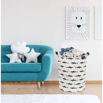 Sanjiaofen Kids Laundry Hamper,Canvas Shark Hamper Collapsible Boys Storage Baskets for Shark Room Decor,Nursery Hamper,Toy Organizer,(Shark)