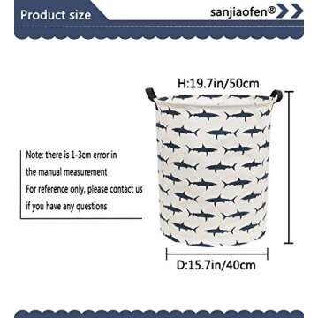 Sanjiaofen Kids Laundry Hamper,Canvas Shark Hamper Collapsible Boys Storage Baskets for Shark Room Decor,Nursery Hamper,Toy Organizer,(Shark)