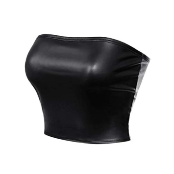 MixMatchy Women's PU Leather Crop Tube Top Strapless Sleeveless Sexy Party Clubwear Tops Black
