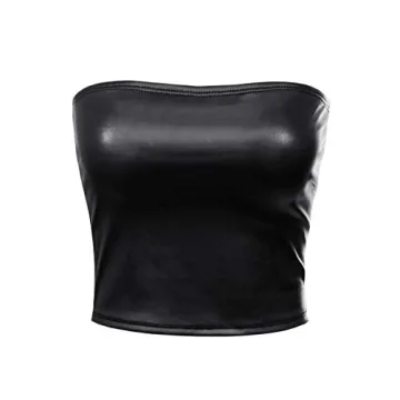 MixMatchy Women's PU Leather Crop Tube Top Strapless Sleeveless Sexy Party Clubwear Tops Black