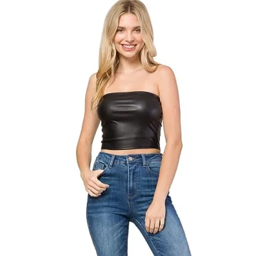 MixMatchy Women's PU Leather Crop Tube Top Strapless Sleeveless Sexy Party Clubwear Tops Black