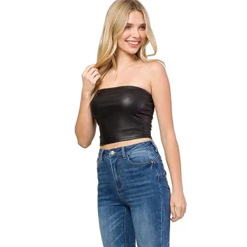 MixMatchy Women's PU Leather Crop Tube Top Strapless Sleeveless Sexy Party Clubwear Tops Black