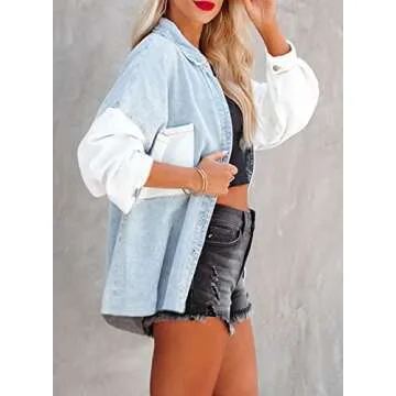 Happy Sailed Fashion Blouses for Women 2023 Fall Denim Jacke Long Sleeve Button Down Jean Jacket Boyfriend Style Oversized Shacket Jacket 2022 With Pockets Sky Blue Small