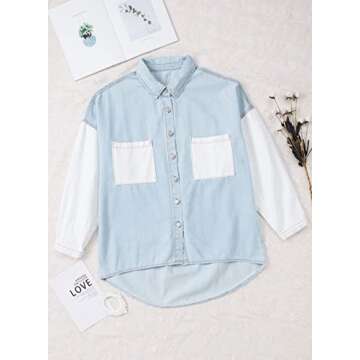 Happy Sailed Fashion Blouses for Women 2023 Fall Denim Jacke Long Sleeve Button Down Jean Jacket Boyfriend Style Oversized Shacket Jacket 2022 With Pockets Sky Blue Small