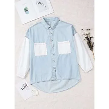 Happy Sailed Fashion Blouses for Women 2023 Fall Denim Jacke Long Sleeve Button Down Jean Jacket Boyfriend Style Oversized Shacket Jacket 2022 With Pockets Sky Blue Small