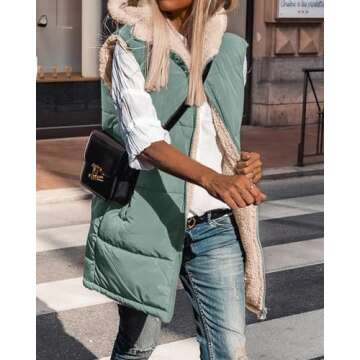 BTFBM Fall Long Puffer Vest Women Sleeveless Hooded Reversible Fleece Sherpa Jacket Zip Up Winter Coat Outerwear Vests(Solid Grey Green, Large)