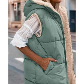 BTFBM Fall Long Puffer Vest Women Sleeveless Hooded Reversible Fleece Sherpa Jacket Zip Up Winter Coat Outerwear Vests(Solid Grey Green, Large)