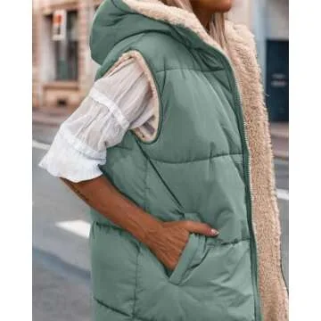 BTFBM Fall Long Puffer Vest Women Sleeveless Hooded Reversible Fleece Sherpa Jacket Zip Up Winter Coat Outerwear Vests(Solid Grey Green, Large)