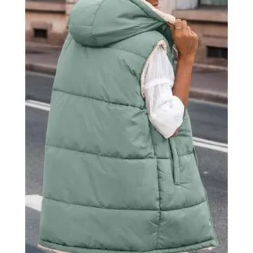 BTFBM Fall Long Puffer Vest Women Sleeveless Hooded Reversible Fleece Sherpa Jacket Zip Up Winter Coat Outerwear Vests(Solid Grey Green, Large)