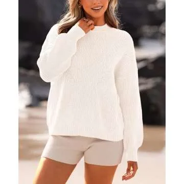 BTFBM Women's Casual Long Sleeve Pullover Sweaters Crew Neck Oversized Ribbed Knit 2024 Fall Winter Sweater Jumper Tops(Solid Beige White, Large)