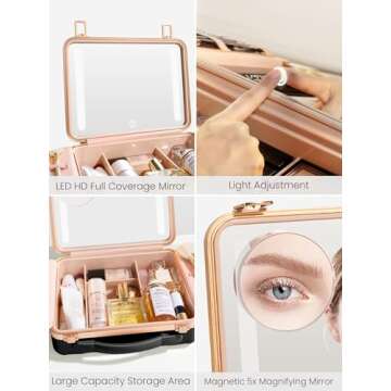 ROWNYEON Travel Makeup Case With Light Up Mirror Portable Train Case Organizer Make up Box for Girls...