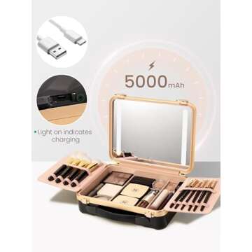 ROWNYEON Travel Makeup Case With Light Up Mirror Portable Train Case Organizer Make up Box for Girls Makeup Artist Hairstylist Casewith 5x Mirror Black