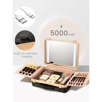 ROWNYEON Travel Makeup Case With Light Up Mirror Portable Train Case Organizer Make up Box for Girls Makeup Artist Hairstylist Casewith 5x Mirror Black