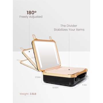 ROWNYEON Travel Makeup Case With Light Up Mirror Portable Train Case Organizer Make up Box for Girls Makeup Artist Hairstylist Casewith 5x Mirror Black