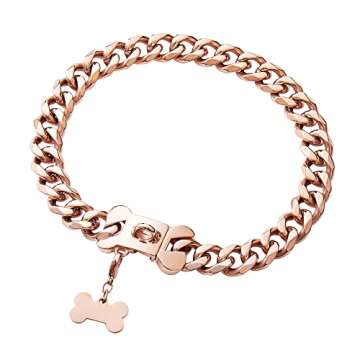 Rose Gold Stainless Steel Cuban Link Heavy Duty Dog Collar for Small Medium Large Dogs, American Bul...