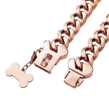 Rose Gold Stainless Steel Cuban Link Heavy Duty Dog Collar for Small Medium Large Dogs, American Bully French Bulldog Luxury Dog Collar with Safety