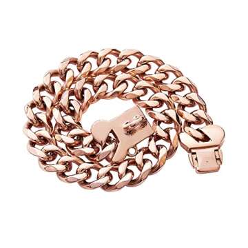 Rose Gold Stainless Steel Cuban Link Heavy Duty Dog Collar for Small Medium Large Dogs, American Bully French Bulldog Luxury Dog Collar with Safety