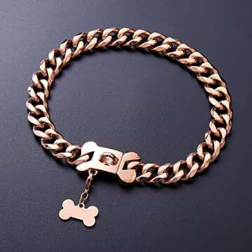 Rose Gold Stainless Steel Cuban Link Heavy Duty Dog Collar for Small Medium Large Dogs, American Bully French Bulldog Luxury Dog Collar with Safety