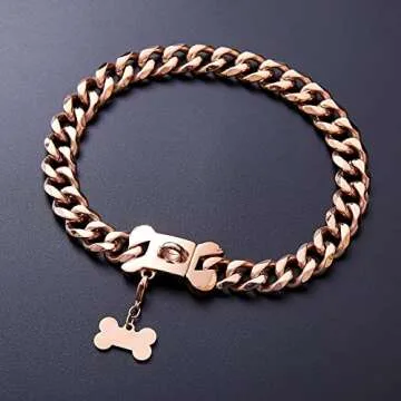 Rose Gold Stainless Steel Cuban Link Heavy Duty Dog Collar for Small Medium Large Dogs, American Bully French Bulldog Luxury Dog Collar with Safety