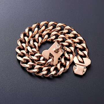 Rose Gold Stainless Steel Cuban Link Heavy Duty Dog Collar for Small Medium Large Dogs, American Bully French Bulldog Luxury Dog Collar with Safety