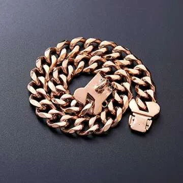 Rose Gold Stainless Steel Cuban Link Heavy Duty Dog Collar for Small Medium Large Dogs, American Bully French Bulldog Luxury Dog Collar with Safety