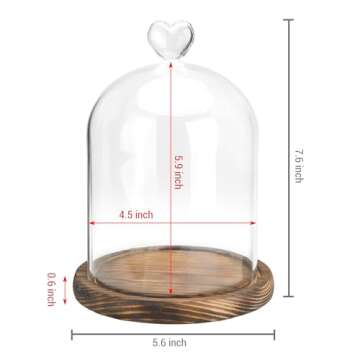 MyGift 6 Inch Small Clear Glass Cloche Bell Jar Display Case with Heart Top Handle and Dark Brown Wo...