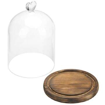 MyGift 6 Inch Small Clear Glass Cloche Bell Jar Display Case with Heart Top Handle and Dark Brown Wooden Base (5.6 x 7.6)