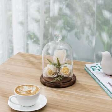 MyGift 6 Inch Small Clear Glass Cloche Bell Jar Display Case with Heart Top Handle and Dark Brown Wooden Base (5.6 x 7.6)