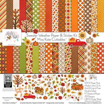 Miss Kate Cuttables Paper & Sticker Kit - Sweater Weather - 17 Double-Sided 12x12 Papers with 33 Designs & 1 8X12 Sticker Sheet - Scrapbooking Card Making Crafting