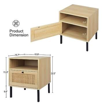 Rattan Nightstands Set of 2, Boho Night Stand with 1 Door, Accent End Table, Wood Bediside Table wit...
