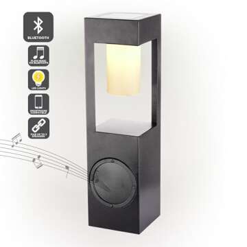 Alpine Corporation 24" H Modern Outdoor Solar-Powered Metal Lantern with LED Light and Bluetooth Speaker, Black