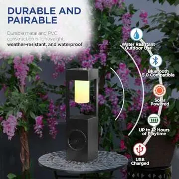 Alpine Corporation 24" H Modern Outdoor Solar-Powered Metal Lantern with LED Light and Bluetooth Speaker, Black