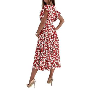 LYANER Women's Deep V Neck Ruffle Short Sleeve Wrap Swing A Line Flared Cocktail Party Midi Dress Fl...