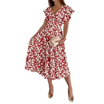 LYANER Women's Deep V Neck Ruffle Short Sleeve Wrap Swing A Line Flared Cocktail Party Midi Dress Floral Wine Red Large