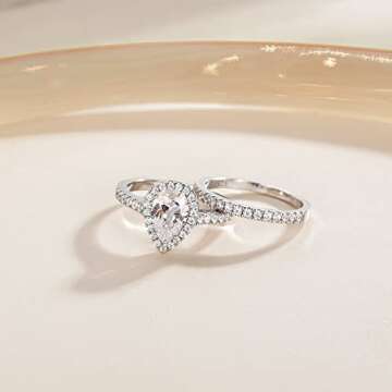 EAMTI 1.5CT 925 Sterling Silver Wedding Band Teardrop Bridal Rings Sets Halo Cubic Zirconia Solitair...