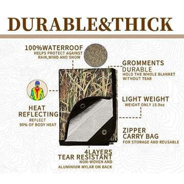 BESTHUNTINER Heavy Duty Survival Blanket -Multifunctional Reflective Tarp Thermal Blanket - 60" x 83" Waterproof Sandproof for Camping Hiking Outdoors Multifunctional Emergency Blanket