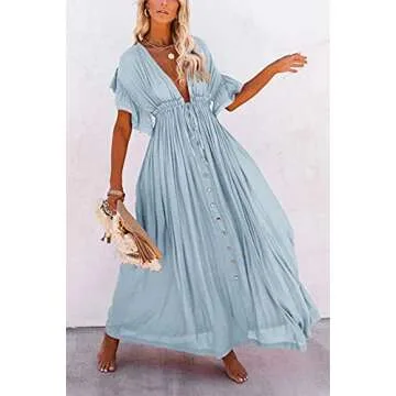 Fisoew Women's Light Blue Maxi Dress - Elegant & Versatile