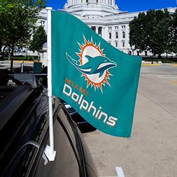 Rico Industries NFL Miami Dolphins - Logo and Wordmark Car Flag with included Pole 16 x 19.5-"